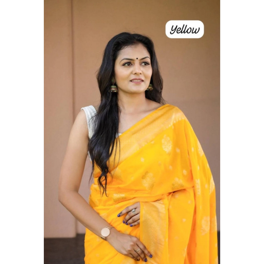 Women's Soft Lichi Silk Printed Saree With Unstitched Blouse 5.5Mtr (Yellow) - Image 2