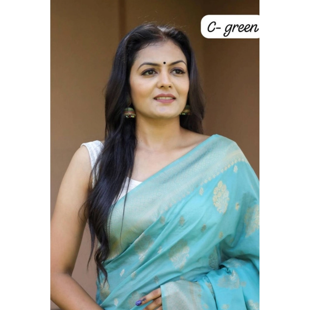 Women's Soft Lichi Silk Printed Saree With Unstitched Blouse 5.5Mtr (Sky-Blue) - Image 2