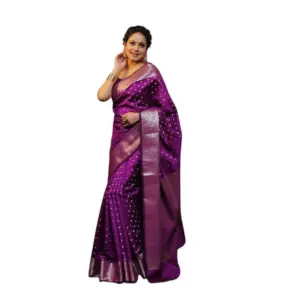 Women's Soft Lichi Silk Printed Saree With Unstitched Blouse 5.5Mtr (Purple)