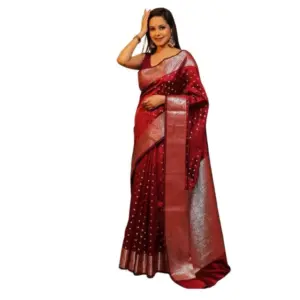 Women's Soft Lichi Silk Printed Saree With Unstitched Blouse 5.5Mtr (Maroon)