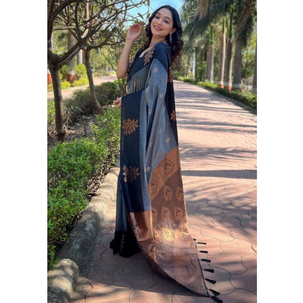 Women's Soft Lichi Silk Printed Saree With Unstitched Blouse 5.5Mtr (Grey) - Image 2