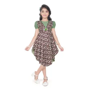 Girl's Twill Printed Short Sleeve Round Neck Dress (Green)