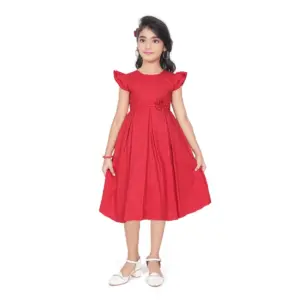 Girl's Rayon Soild Short Sleeve Round Neck Dress (Red)
