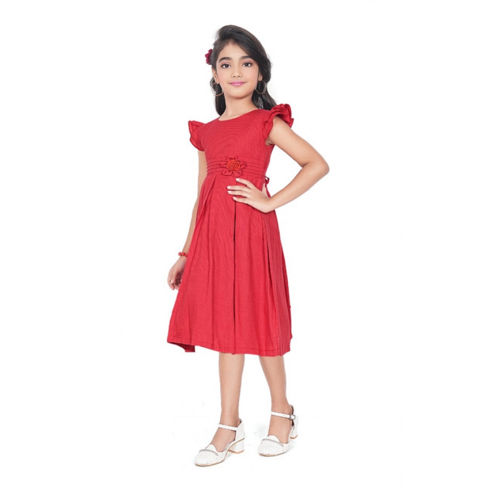 Girl's Rayon Soild Short Sleeve Round Neck Dress (Red) - Image 3