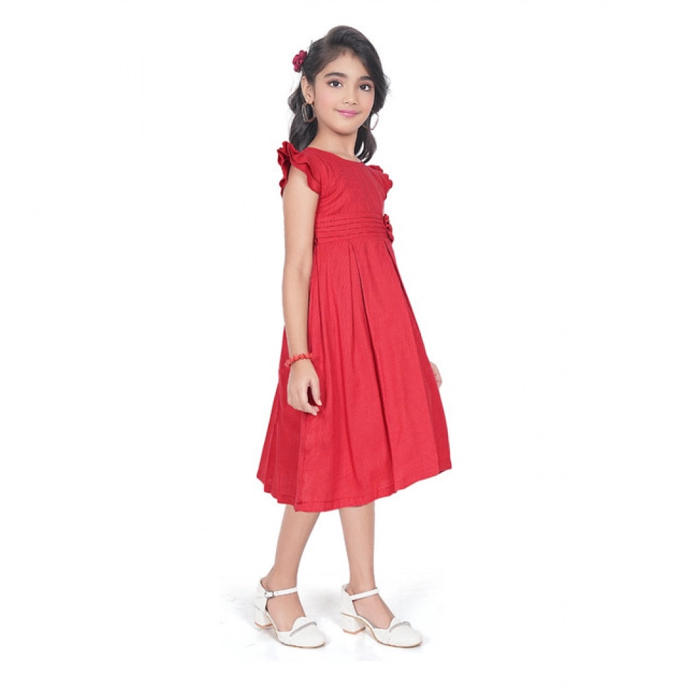 Girl's Rayon Soild Short Sleeve Round Neck Dress (Red) - Image 2