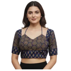 Women's Ajrakh Cotton Printed Sweetheart Padded Blouse (Navy 38 Ready (Self Alterable 36–40)