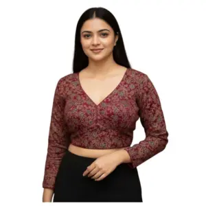 Women's Ajrakh Cotton Printed V-Neck Padded Blouse (Maroon 38 Ready (Self Alterable 36–40)