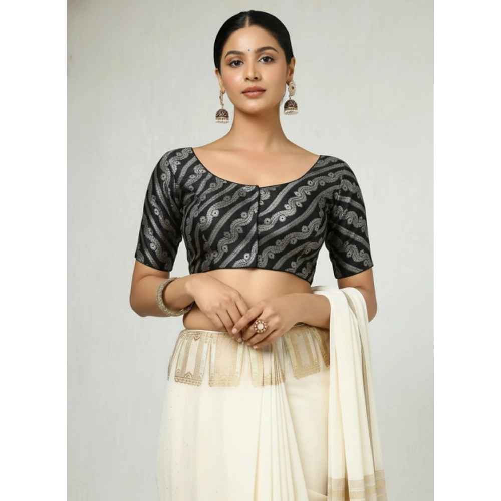 Women's Jacquard Zari Round Neck Padded Blouse (Black 38 Ready (Self Alterable 36–40) - Image 3