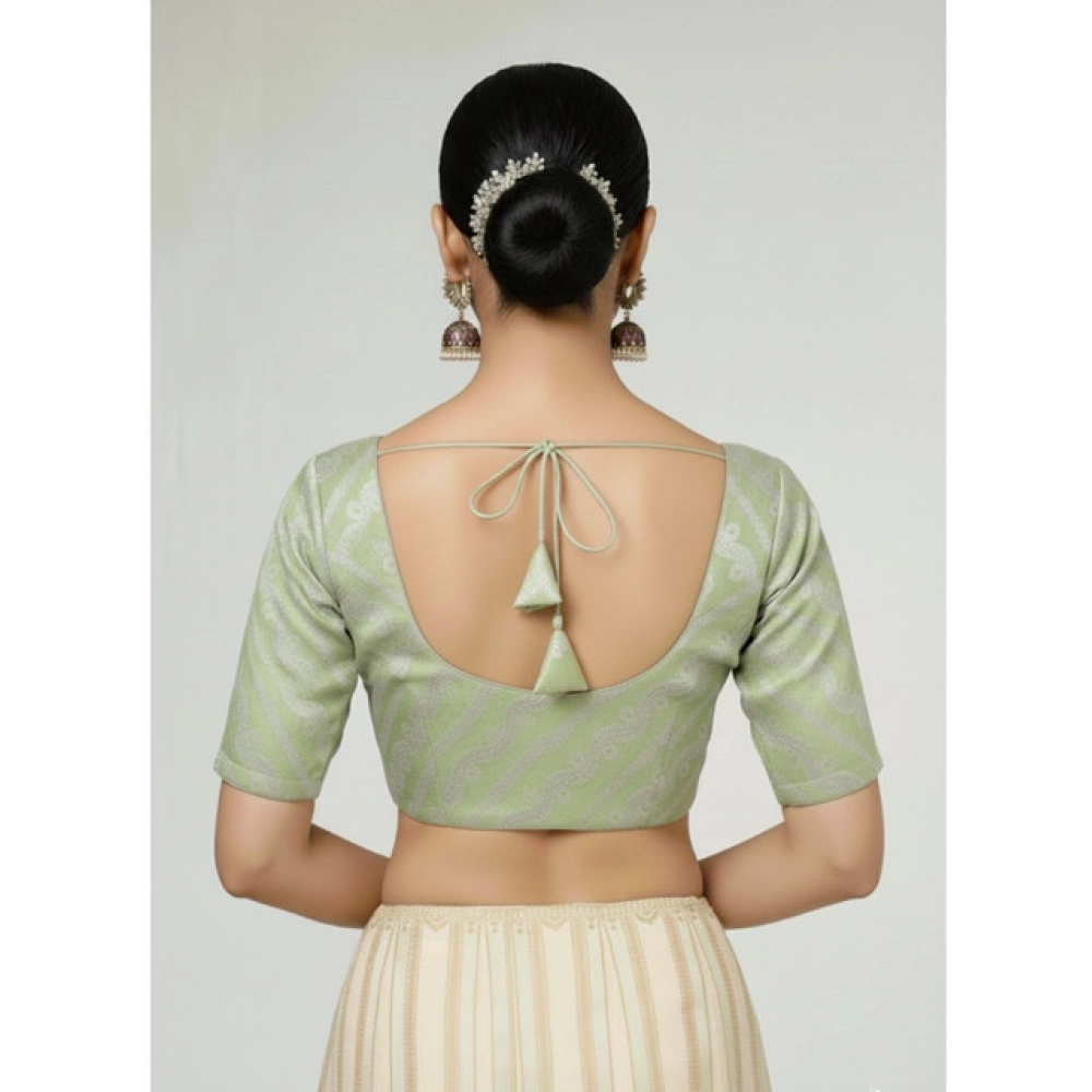 Women's Jacquard Zari Round Neck Padded Blouse (Light Green 38 Ready (Self Alterable 36–40) - Image 2