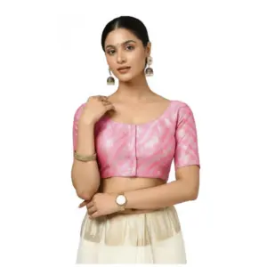 Women's Jacquard Zari Round Neck Padded Blouse (Light Pink 38 Ready (Self Alterable 36–40)