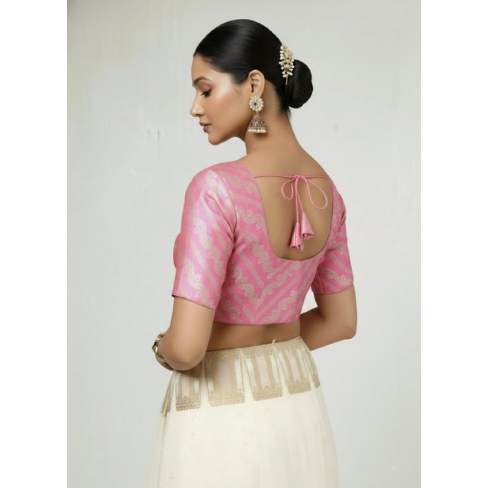 Women's Jacquard Zari Round Neck Padded Blouse (Light Pink 38 Ready (Self Alterable 36–40) - Image 3