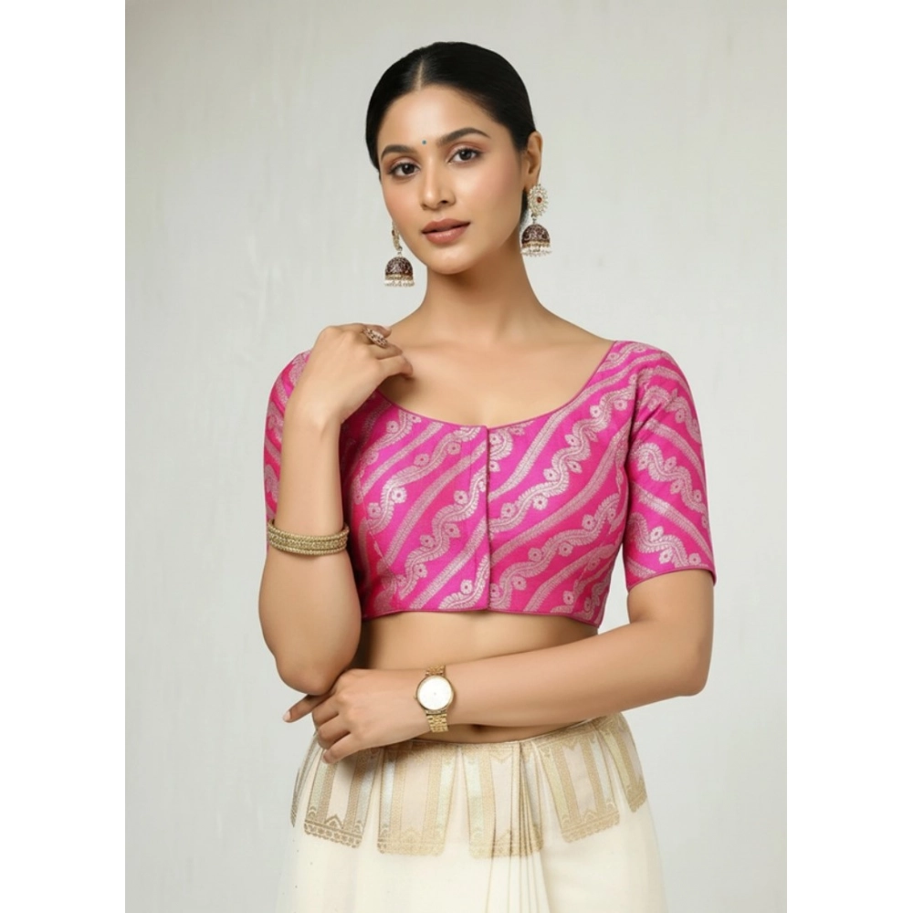 Women's Jacquard Zari Round Neck Padded Blouse (Pink 38 Ready (Self Alterable 36–40) - Image 3