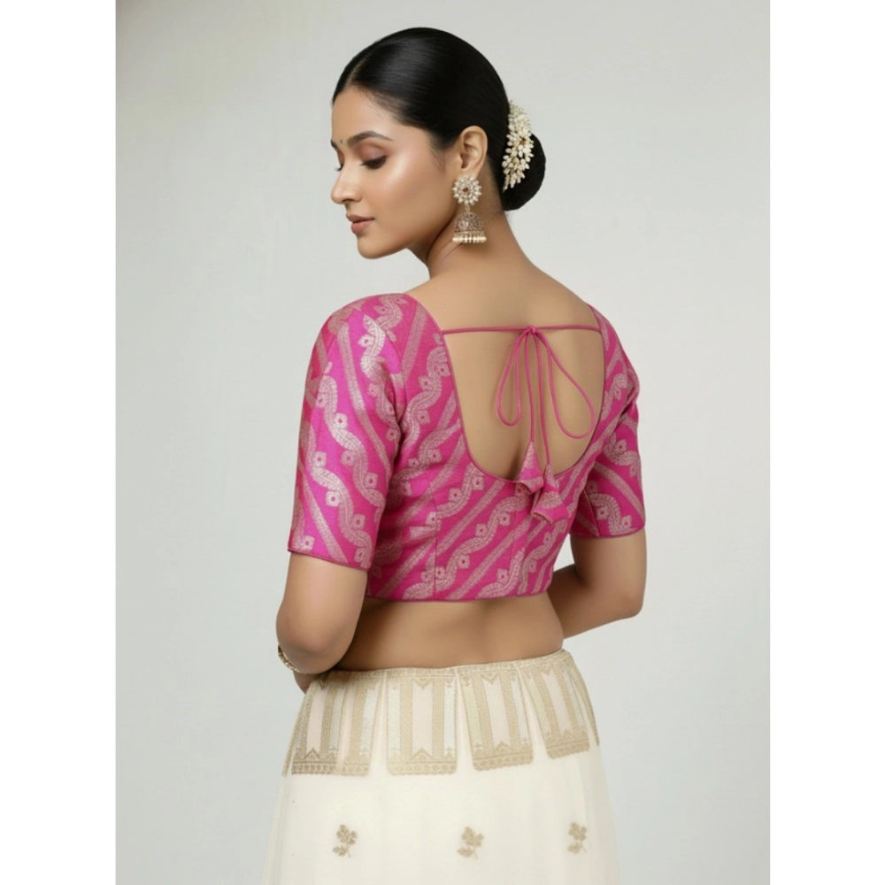 Women's Jacquard Zari Round Neck Padded Blouse (Pink 38 Ready (Self Alterable 36–40) - Image 2