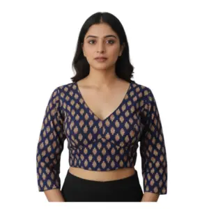 Women's Ajrakh Cotton Printed Halter Neck Padded Blouse (Navy 38 Ready (Self Alterable 36–40)