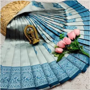 Women's Soft Silk Printed Saree With Unstitched Blouse 5.5Mtr (Silver Blue)
