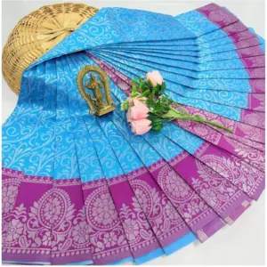 Women's Soft Silk Printed Saree With Unstitched Blouse 5.5Mtr (Sky Blue)