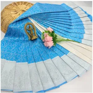 Women's Soft Silk Printed Saree With Unstitched Blouse 5.5Mtr (Sky Blue)