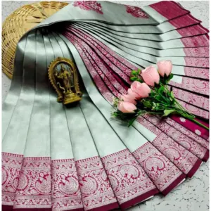 Women's Soft Silk Printed Saree With Unstitched Blouse 5.5Mtr (Silver Green)