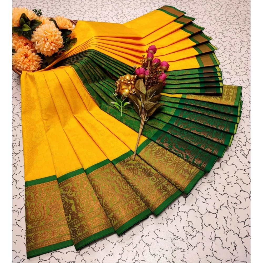 Women's Soft Silk Printed Saree With Unstitched Blouse 5.5Mtr (Yellow)