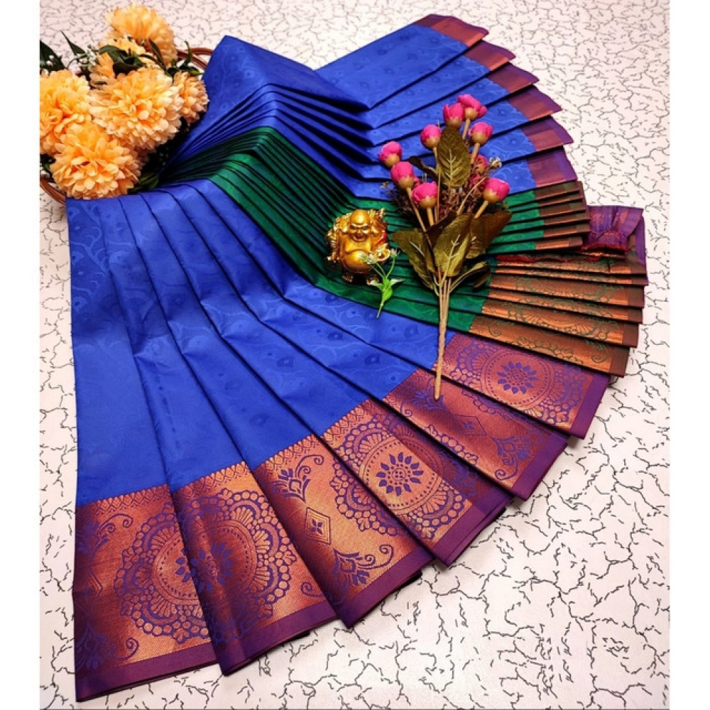 Women's Soft Silk Printed Saree With Unstitched Blouse 5.5Mtr (Royal Blue)