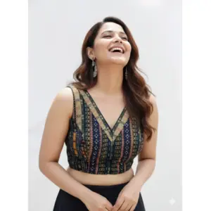 Women's Cambric Cotton V Neck Padded Blouse (Navy, 38 Ready Size (Self-Alterable 36–40)