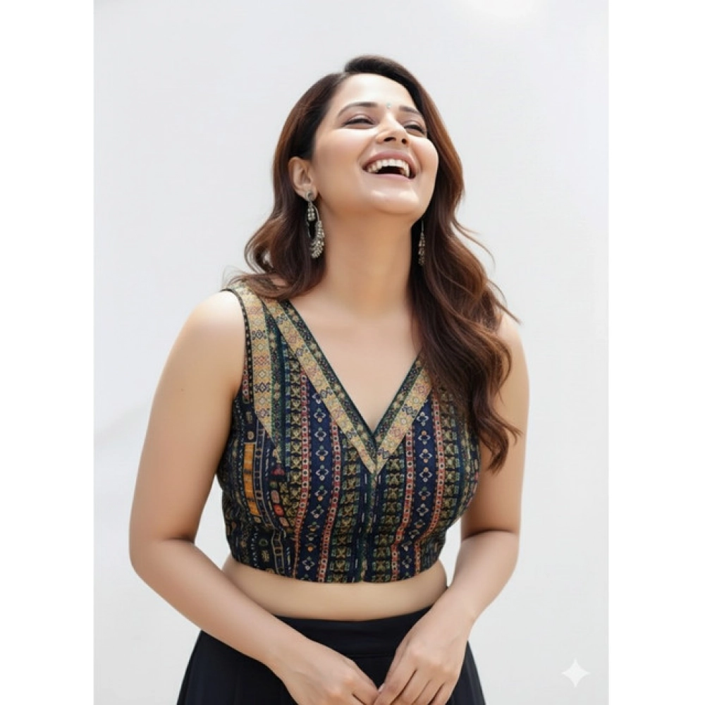 Women's Cambric Cotton V Neck Padded Blouse (Navy, 38 Ready Size (Self-Alterable 36–40)