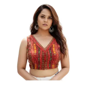 Women's Cambric Cotton V Neck Padded Blouse (Red, 38 Ready Size (Self-Alterable 36–40)