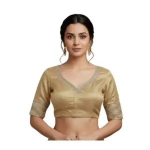 Women's Vichitra Silk V Neck Padded Blouse (Beige, 38 Ready Size (Self-Alterable 36–40)