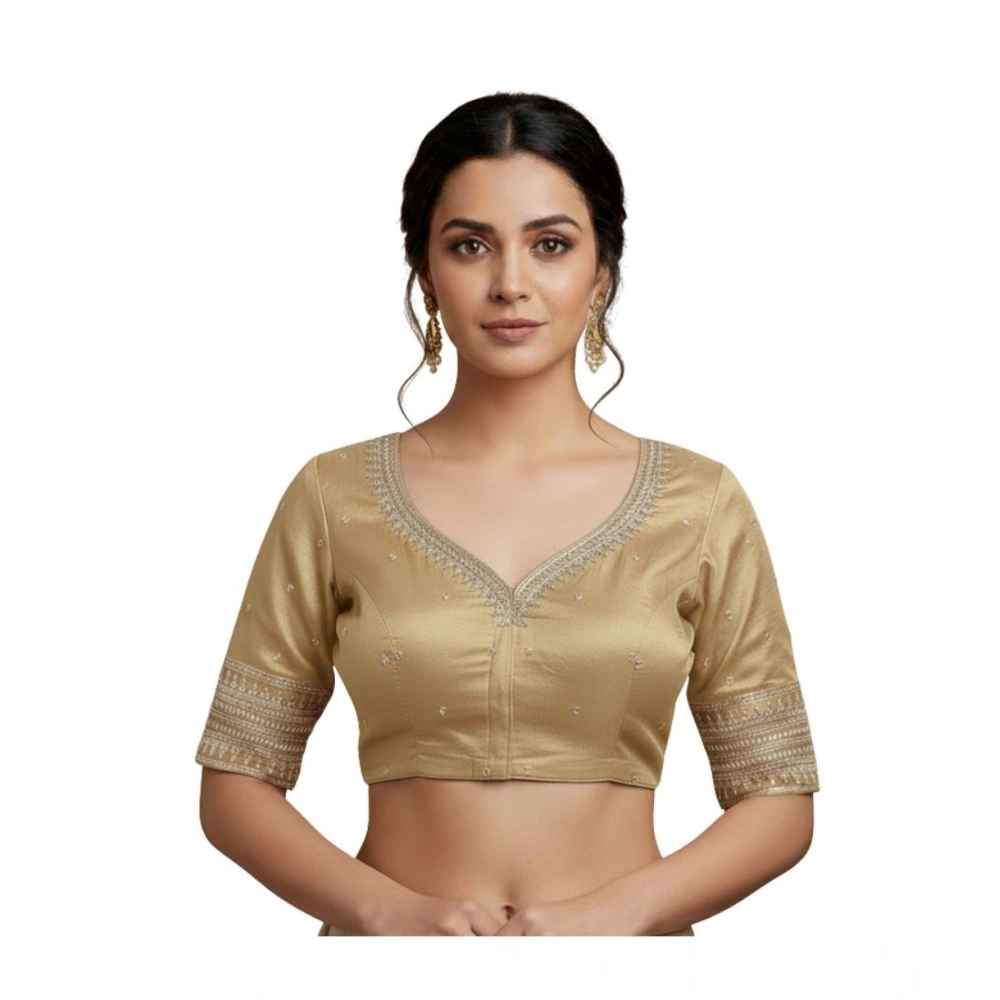 Women's Vichitra Silk V Neck Padded Blouse (Beige, 38 Ready Size (Self-Alterable 36–40)