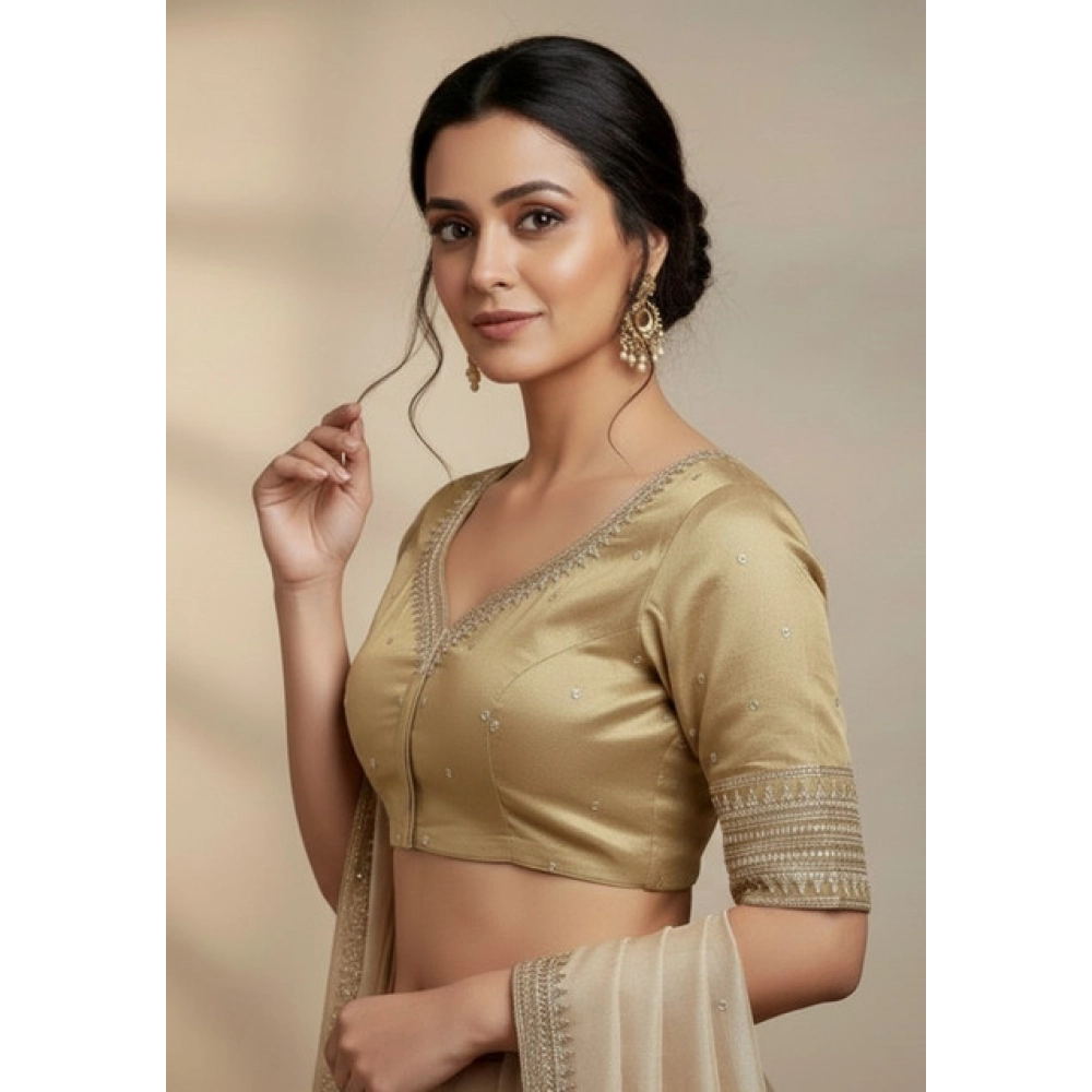 Women's Vichitra Silk V Neck Padded Blouse (Beige, 38 Ready Size (Self-Alterable 36–40) - Image 3