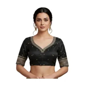 Women's Vichitra Silk V Neck Padded Blouse (Black, 38 Ready Size (Self-Alterable 36–40)