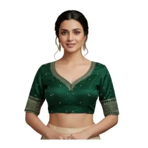 Women's Vichitra Silk V Neck Padded Blouse (D-Green, 38 Ready Size (Self-Alterable 36–40)