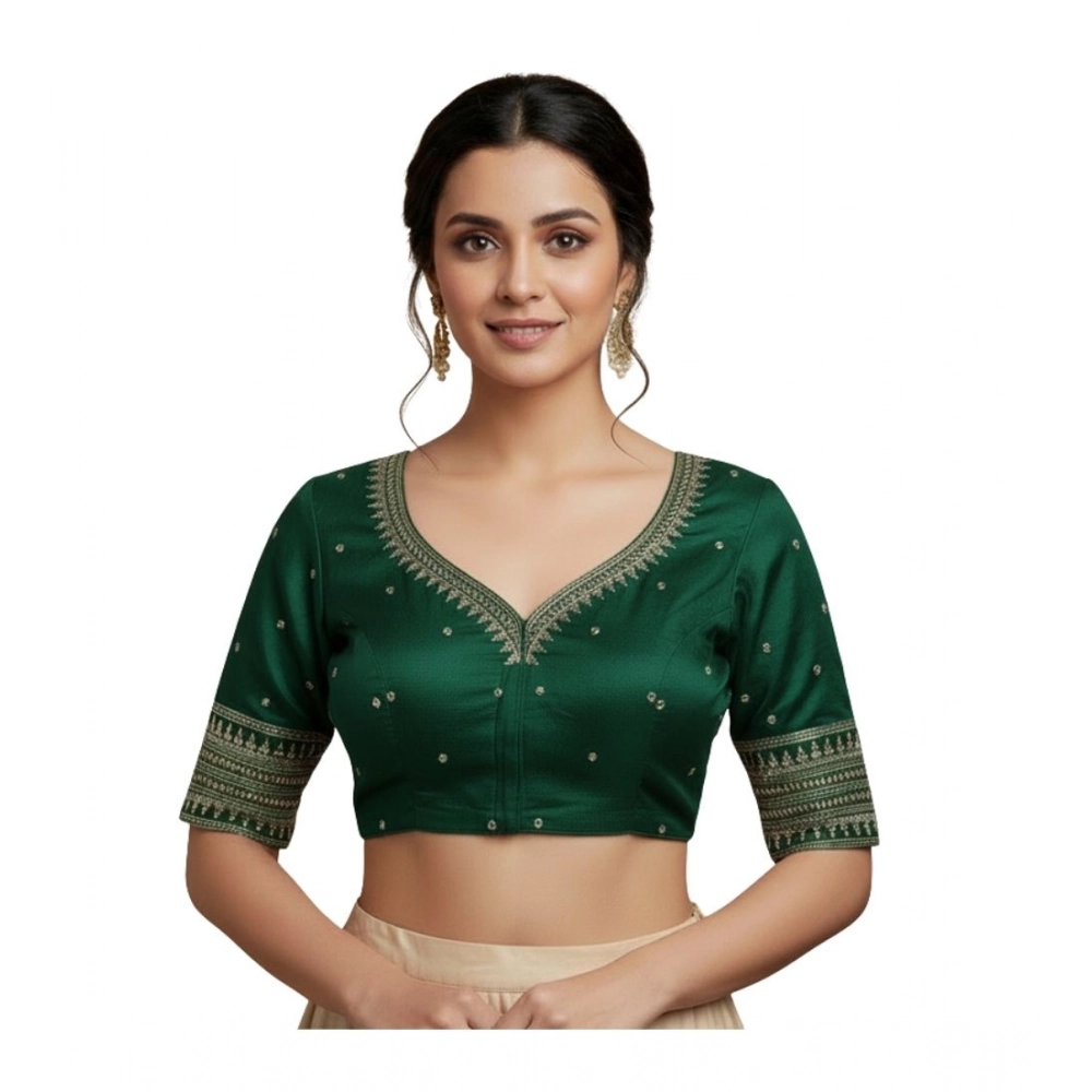 Women's Vichitra Silk V Neck Padded Blouse (D-Green, 38 Ready Size (Self-Alterable 36–40)