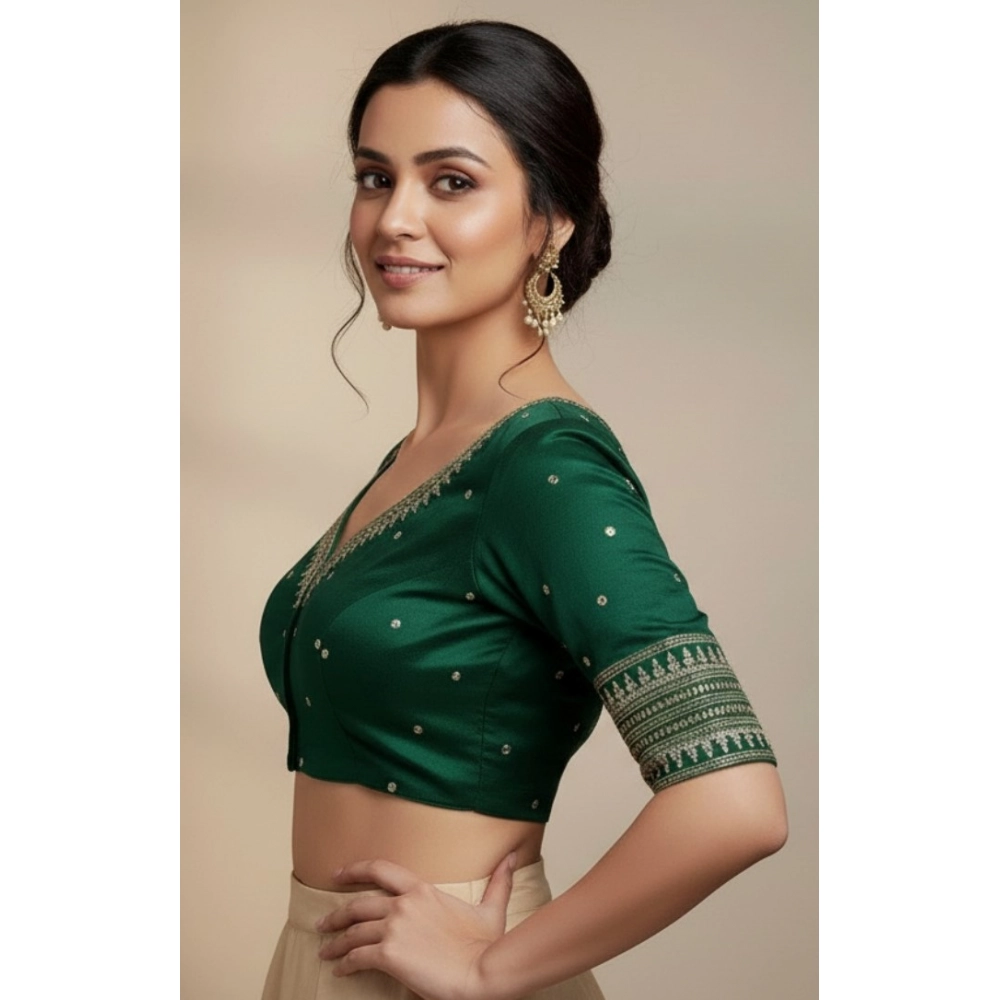 Women's Vichitra Silk V Neck Padded Blouse (D-Green, 38 Ready Size (Self-Alterable 36–40) - Image 3