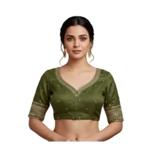 Women's Vichitra Silk V Neck Padded Blouse (Green, 38 Ready Size (Self-Alterable 36–40)
