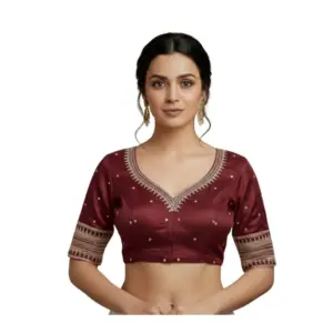 Women's Vichitra Silk V Neck Padded Blouse (Maroon, 38 Ready Size (Self-Alterable 36–40)