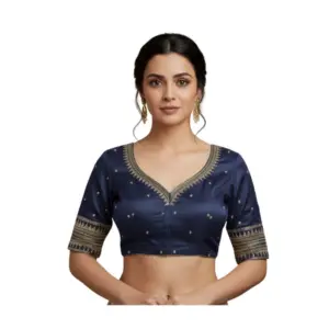 Women's Vichitra Silk V Neck Padded Blouse (Navy, 38 Ready Size (Self-Alterable 36–40)