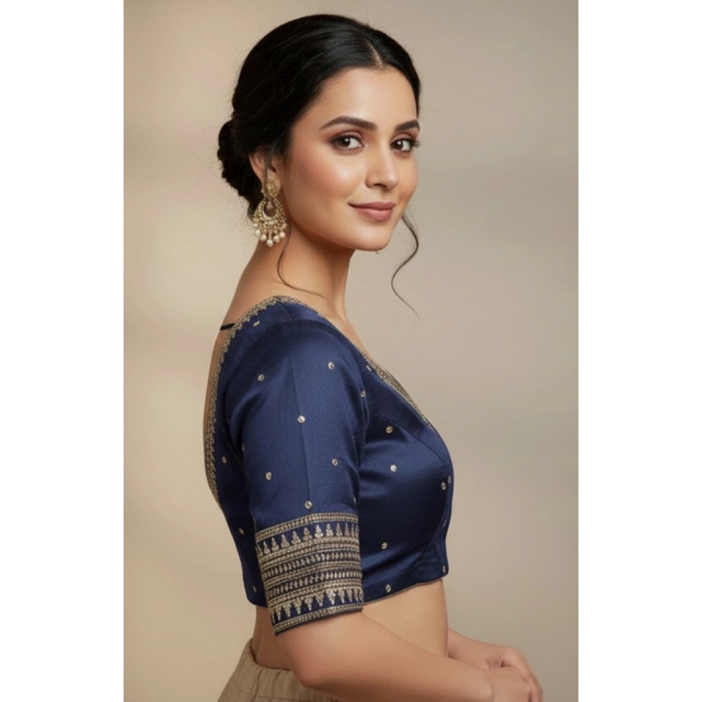 Women's Vichitra Silk V Neck Padded Blouse (Navy, 38 Ready Size (Self-Alterable 36–40) - Image 3