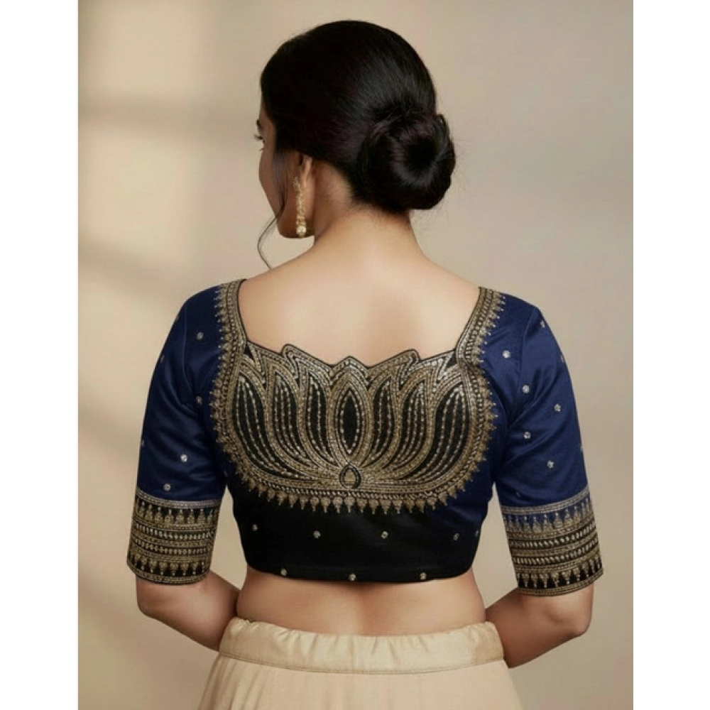 Women's Vichitra Silk V Neck Padded Blouse (Navy, 38 Ready Size (Self-Alterable 36–40) - Image 2