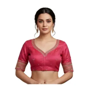 Women's Vichitra Silk V Neck Padded Blouse (Pink, 38 Ready Size (Self-Alterable 36–40)