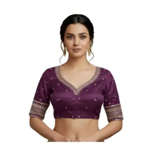 Women's Vichitra Silk V Neck Padded Blouse (Purple, 38 Ready Size (Self-Alterable 36–40)