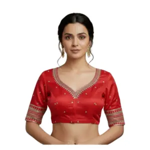 Women's Vichitra Silk V Neck Padded Blouse (Red, 38 Ready Size (Self-Alterable 36–40)