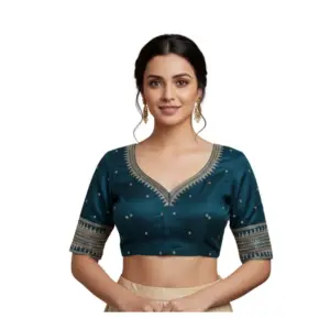 Women's Vichitra Silk V Neck Padded Blouse (Teal, 38 Ready Size (Self-Alterable 36–40)