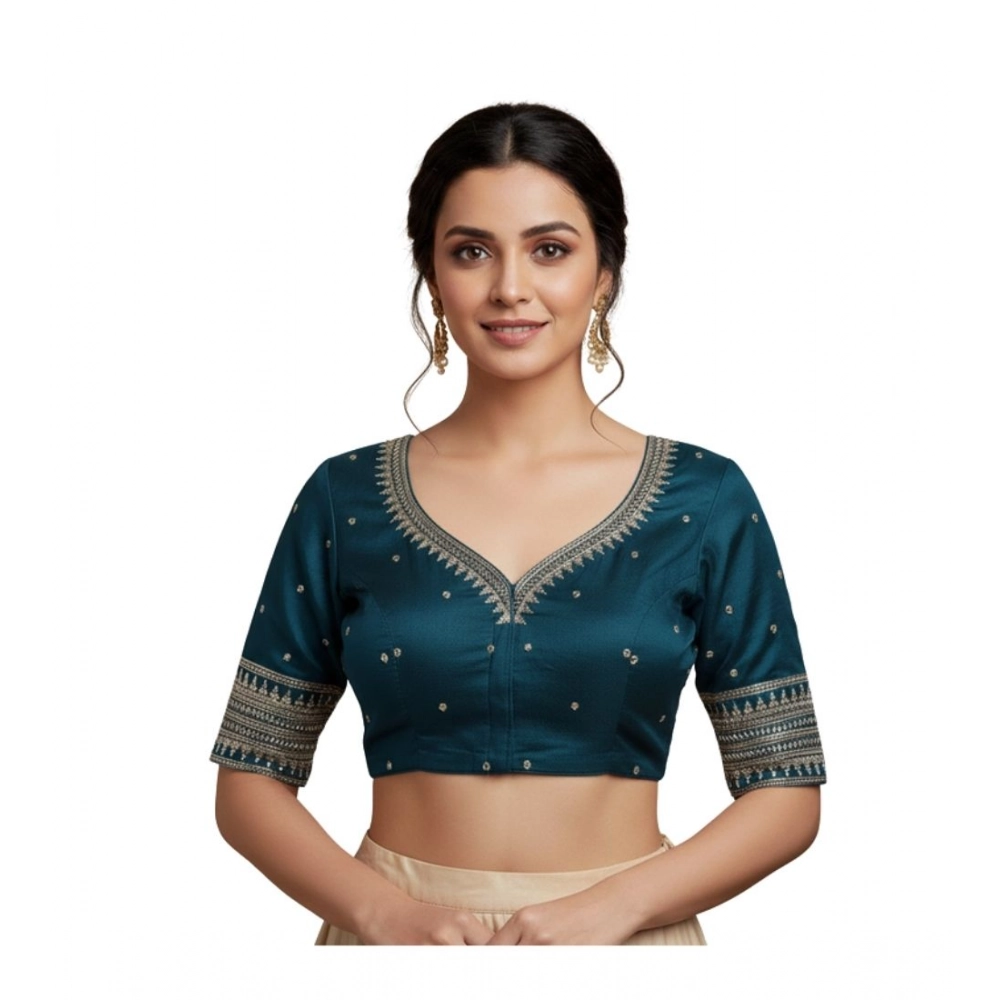 Women's Vichitra Silk V Neck Padded Blouse (Teal, 38 Ready Size (Self-Alterable 36–40)