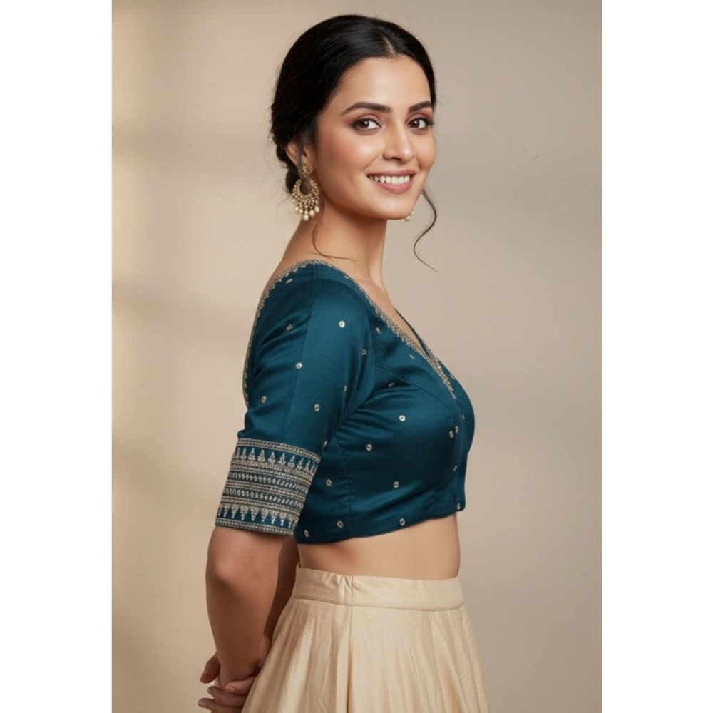 Women's Vichitra Silk V Neck Padded Blouse (Teal, 38 Ready Size (Self-Alterable 36–40) - Image 3