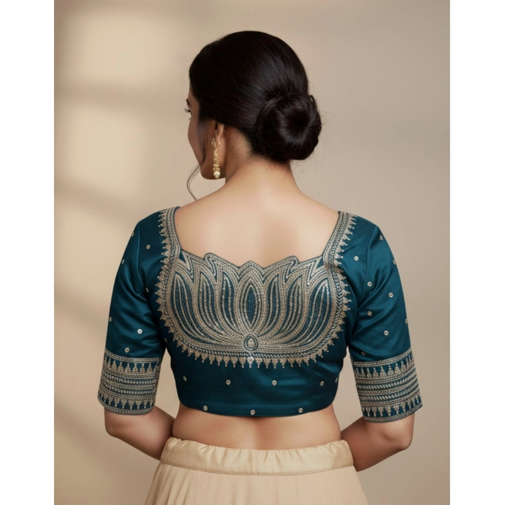 Women's Vichitra Silk V Neck Padded Blouse (Teal, 38 Ready Size (Self-Alterable 36–40) - Image 2