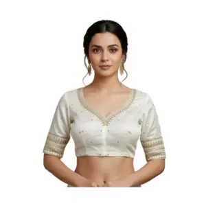 Women's Vichitra Silk V Neck Padded Blouse (White, 38 Ready Size (Self-Alterable 36–40)