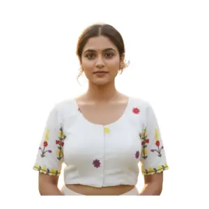 Women's Cambric Cotton Round Neck Padded Blouse (White, 38 Ready Size (Self-Alterable 36–40)