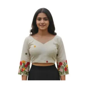 Women's Cambric Cotton Round Neck Padded Blouse (White, 38 Ready Size (Self-Alterable 36–40)