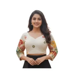 Women's Cambric Cotton Round Neck Padded Blouse (White, 38 Ready Size (Self-Alterable 36–40)